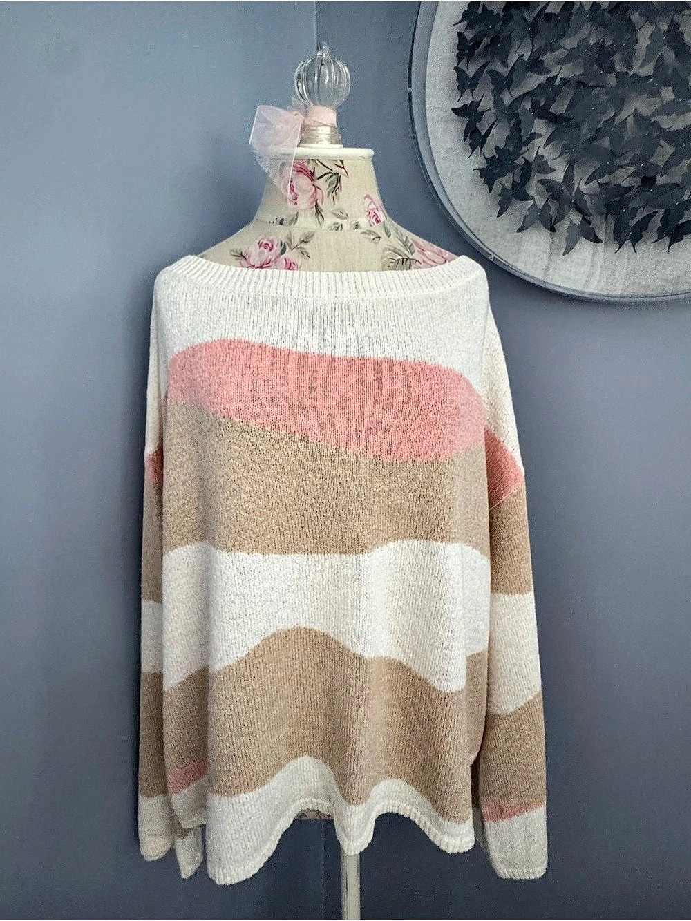 TORRID Color Block Boat Neck Sweater in Cream & Coral